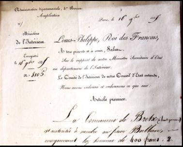 Décret de Louis Philipe contre signé par Adolphe Thiers au profit de l'église de Btretx.